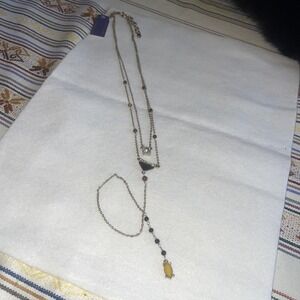 15 1/2" Double Stranded Gold Tone Necklace Neutral Color Stones, 9" Y Drop Chain